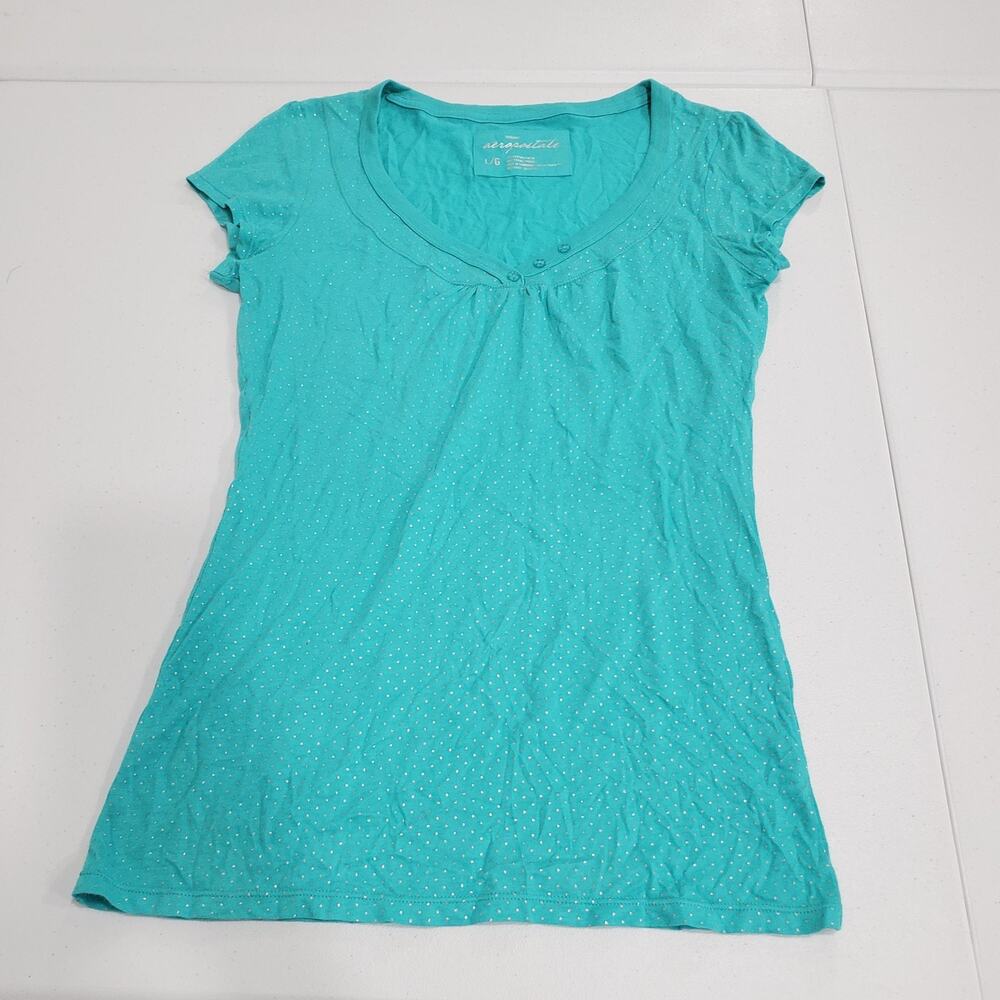 Y2K Aeropostale Shirt Large Blue Teal V Neck Polka Dot Short Sleeve Fitted Tee